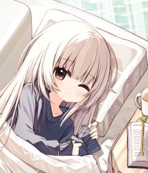 Rule 34 | 1girl, black sweater, book, bookmark, brown eyes, closed mouth, cup, grey hair, hands up, healer girl (yuuhagi (amaretto-no-natsu)), long hair, long sleeves, looking at viewer, lying, mug, on side, open book, original, pillow, puffy long sleeves, puffy sleeves, sleeves past wrists, solo, sweater, under covers, yuuhagi (amaretto-no-natsu)