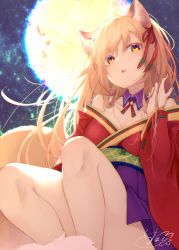Rule 34 | 1girl, animal ear fluff, animal ears, breasts, brown hair, chita (ketchup), cleavage, collar, commentary request, detached collar, feet out of frame, fox ears, fox girl, fox tail, full moon, highres, japanese clothes, kimono, long hair, long sleeves, looking at viewer, medium breasts, moon, obi, off shoulder, original, parted lips, pleated skirt, purple collar, purple skirt, red kimono, ribbon-trimmed sleeves, ribbon trim, sash, short eyebrows, signature, skirt, solo, tail, thick eyebrows, very long hair, wide sleeves, wing collar