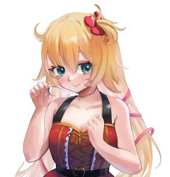 Rule 34 | 1girl, akai haato, akai haato (gothic lolita), aqua eyes, blonde hair, blush, breasts, cleavage, clenched hand, collarbone, commentary, eyelashes, grenouilll, hair ornament, hair ribbon, heart, heart hair ornament, heart in eye, highres, hololive, long hair, looking at viewer, nail polish, red nails, ribbon, simple background, smile, solo, stitched neck, stitches, symbol in eye, upper body, virtual youtuber, white background