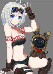 Rule 34 | .live, 1girl, adjusting goggles, animal, antenna hair, blue eyes, blush, breasts, brown gloves, cat, cleavage, closed mouth, collarbone, felyne, fingerless gloves, gloves, goggles, goggles on head, kiui gunsou, looking at viewer, medium breasts, monster hunter, monster hunter: world, monster hunter (series), short hair, silver hair, dennou shoujo siro, smile, solo, virtual youtuber