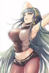 Rule 34 | 1girl, armpits, arms behind head, breasts, cleopatra (fate), cowboy shot, crop top, earrings, fate/grand order, fate (series), green eyes, green hair, hairband, highres, hometa, hoop earrings, jewelry, large breasts, licking lips, long hair, looking at viewer, looking to the side, necklace, pantyhose, shirt, short shorts, shorts, sleeveless, sleeveless shirt, solo, tongue, tongue out, very long hair