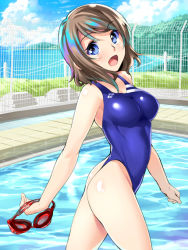 Rule 34 | 10s, 1girl, :d, asics, ass, beach, blue eyes, blue one-piece swimsuit, breasts, brown hair, caustics, chain-link fence, chikugen shiina, cloud, competition swimsuit, cowboy shot, day, fence, flat ass, from side, goggles, unworn goggles, grass, grey hair, happy, head tilt, holding, impossible clothes, impossible swimsuit, legs apart, love live!, love live! sunshine!!, medium breasts, ocean, one-piece swimsuit, one-piece thong, open mouth, outdoors, pool, poolside, reflection, short hair, skin tight, sky, smile, solo, standing, swimsuit, thong, tile floor, tiles, watanabe you