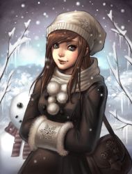 Rule 34 | 1girl, arm warmers, bag, blue eyes, brown hair, buttons, coat, hat, icicle, kate niemczyk, knit hat, lips, long hair, muff, nose, oekaki, original, satchel, scarf, smile, snow, snowing, snowman, winter