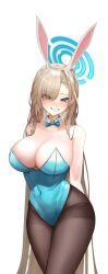 Rule 34 | 1girl, absurdres, animal ear hairband, animal ears, aqua bow, aqua bowtie, aqua leotard, arms behind back, asuna (blue archive), asuna (bunny) (blue archive), asymmetrical bangs, bare shoulders, black pantyhose, blue archive, blush, bow, bowtie, breasts, cleavage, covered navel, detached collar, fake animal ears, grin, hair over one eye, halo, highres, large breasts, leehak0416, light brown hair, long hair, looking at viewer, official alternate costume, pantyhose, rabbit ear hairband, rabbit ears, simple background, smile, solo, straight hair, very long hair, white background