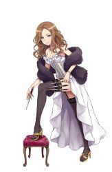 Rule 34 | 1girl, annette grace, black thighhighs, blue eyes, bracelet, breasts, brown hair, cleavage, dress, feather boa, full body, garter straps, high heels, highres, jewelry, knife, leg up, long hair, looking at viewer, medium breasts, necklace, official art, ottoman, princess principal, princess principal game of mission, thighhighs, throwing knife, transparent background, weapon, white dress