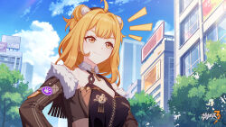 Rule 34 | 1girl, ahoge, blue sky, breasts, brown sleeves, building, chinese commentary, cloud, day, detached sleeves, highres, honkai (series), honkai impact 3rd, large breasts, logo, official alternate costume, official art, official wallpaper, orange eyes, orange hair, sky, smile, solo, susannah manatt, susannah manatt (valkyrie quicksand), tree, upper body