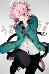 Rule 34 | 1boy, amemura ramuda, androgynous, arm behind back, belt, black pants, blue eyes, cowlick, grey background, hand on own face, highres, hood, hooded coat, hypnosis mic, looking at viewer, male focus, one eye closed, pants, pink hair, pout, shirt, solo, standing, standing on one leg, tearing up, tears, ujijinoji, white shirt