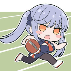 Rule 34 | 1girl, ?, american football (object), azur lane, ball, blue hair, blush, chibi, collared shirt, dress, essex (azur lane), hair between eyes, hair ribbon, highres, holding, jacket, long hair, long sleeves, looking at viewer, necktie, open mouth, pantyhose, ponytail, red necktie, ribbon, school uniform, shirt, shoes, side ponytail, sidelocks, simple background, skirt, sleeveless, sleeveless dress, smile, solo, twintails, very long hair, white footwear, white shirt, winet