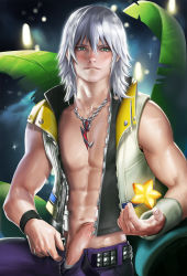 Rule 34 | 1boy, abs, aqua eyes, erection, gradient background, highres, jewelry, kingdom hearts, male focus, navel, pendant, penis, riku (kingdom hearts), sakimichan, silver hair, solo, uncensored, upper body, vest, watermark