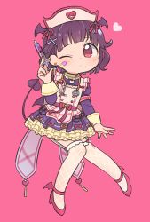 Rule 34 | 1girl, ankle wings, bandaid, bandaid on face, bang dream!, bd ayknn, bow, demon tail, demon wings, dress, earrings, fishnet thighhighs, fishnets, frilled dress, frills, garter straps, hair ornament, hair ribbon, halloween, halloween costume, hat, head wings, heart, jewelry, long sleeves, nurse cap, one eye closed, orange bow, pink background, red bow, red eyes, red footwear, red ribbon, ribbon, simple background, solo, stethoscope, striped ribbon, syringe, syringe earrings, tail, thighhighs, ushigome rimi, white thighhighs, wings, x hair ornament