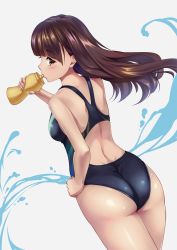 Rule 34 | 1girl, ass, blush, bottle, brown eyes, brown hair, competition swimsuit, cowboy shot, drinking, dutch angle, floating hair, from behind, hand on own hip, highres, holding, holding bottle, long hair, one-piece swimsuit, original, profile, simple background, solo, swimsuit, tareme, thighs, toumin, water bottle, wedgie, white background