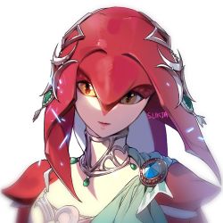 Rule 34 | 1girl, artist name, brooch, colored skin, facing viewer, fish girl, gem, hair ornament, jewelry, looking at viewer, mipha, monster girl, multicolored skin, necklace, nintendo, no eyebrows, pink lips, pointy ears, red skin, sash, simple background, solo, sukja, the legend of zelda, the legend of zelda: breath of the wild, upper body, yellow eyes, zora