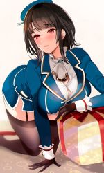Rule 34 | 1girl, arm support, ascot, beret, black gloves, black hair, black thighhighs, blouse, blue jacket, blue skirt, blush, breasts, garter straps, gift, gloves, hat, hayakawa akari, jacket, kantai collection, kneeling, large breasts, looking at viewer, military, military uniform, open mouth, pencil skirt, red eyes, shirt, short hair, sidelocks, skirt, sleeve cuffs, solo, takao (kancolle), thighhighs, uniform, white shirt