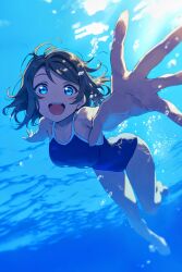 Rule 34 | 1girl, abs104a, blue eyes, blush, breasts, brown hair, bubble, highres, looking at viewer, love live!, love live! sunshine!!, medium breasts, one-piece swimsuit, reaching, reaching towards viewer, short hair, smile, solo, swimsuit, thighs, underwater, watanabe you, wavy hair
