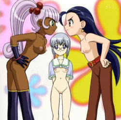 Rule 34 | 00s, 3girls, angry, breasts, cocoloo, dark-skinned female, dark skin, eye contact, glasses, glenda (puchi puri yucie), looking at another, multiple girls, nude, nude filter, pince-nez, puchi puri yucie, pussy, third-party edit, uncensored, yucie