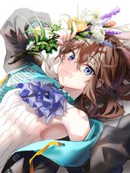 Rule 34 | 1girl, absurdres, amiya (arknights), animal ears, arknights, arm up, armpits, bare shoulders, black jacket, blue eyes, brown hair, closed mouth, collar, extra ears, flower, highres, holding, holding flower, jacket, long hair, long sleeves, looking at viewer, lying, nagul, off shoulder, on back, open clothes, open jacket, rabbit ears, ribbed shirt, shirt, sleeveless, sleeveless shirt, solo, white flower, white shirt