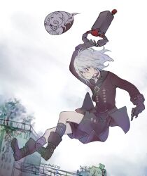 Rule 34 | 1boy, 1girl, accelerator (toaru majutsu no index), albino, ambiguous gender, androgynous, belt, belt buckle, black belt, black choker, black footwear, black gloves, black sailor collar, black shirt, black shorts, black socks, blurry, blurry background, boots, buckle, buttons, choker, cityscape, cosplay, determined, electrodes, floating, frown, full body, gacha, gloves, highres, hopetrash555, jumping, knees, knees up, long sleeves, medium hair, messy hair, multiple belts, nature, nier:automata, nier (series), non-humanoid robot, pale skin, qliphah puzzle 545, red eyes, robot, sailor collar, sanpaku, shirt, shorts, signature, socks, solo focus, speech bubble, thighs, toaru majutsu no index, white hair, 9s (nier:automata)