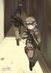 Rule 34 | 2girls, animal ears, armband, assault rifle, boots, cat ears, fatigues, fnc (upotte!!), galil ar (upotte!!), gloves, goggles, goggles on headwear, gun, hallway, helmet, highres, kanokoga, military, military uniform, multiple girls, pouch, red eyes, rifle, running, short hair, silver hair, sunlight, tail, uniform, upotte!!, vest, weapon