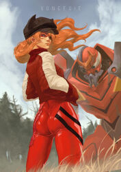 Rule 34 | 1girl, absurdres, artist name, ass, blue eyes, bodysuit, breasts, brown hair, eva 02, evangelion: 3.0 you can (not) redo, floating hair, forest, grass, hands in pockets, hat, highres, jacket, lips, long hair, looking at viewer, looking back, mecha, nature, neon genesis evangelion, plugsuit, rebuild of evangelion, red bodysuit, robot, shiny clothes, sky, small breasts, souryuu asuka langley, track jacket, tree, very long hair, voncedie, wide hips