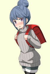 Rule 34 | 1girl, :o, aikawa ryou, backpack, bag, beige background, black pantyhose, blue hair, blue shorts, blush, commentary request, grey sweater, hair bun, hands up, highres, holding strap, pantyhose under shorts, long sleeves, looking at viewer, open mouth, pantyhose, purple eyes, randoseru, ribbed sweater, shima rin, short shorts, shorts, sidelocks, simple background, single hair bun, solo, sweater, yurucamp
