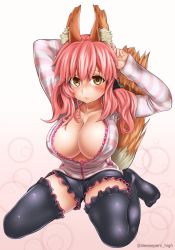 Rule 34 | 10s, 1girl, animal ears, bad id, bad pixiv id, black thighhighs, blush, breasts, casual, cleavage, collarbone, daiwa (daicon), fate/extra, fate/extra ccc, fate (series), fox ears, fox tail, highres, large breasts, looking at viewer, nail polish, no bra, official alternate costume, open clothes, open shirt, pink hair, shirt, sitting, solo, tail, tamamo (fate), tamamo no mae (fate/extra), tamamo no mae (spring casual) (fate), thighhighs, twitter username, yellow eyes