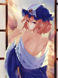 Rule 34 | 1girl, back, bad id, bad pixiv id, bare shoulders, blue dress, bug, butterfly, butterfly on hand, clothes down, dress, from behind, hair between eyes, hat, insect, long sleeves, looking at viewer, looking back, mob cap, ookamisama, parted lips, pink eyes, pink hair, ribbon trim, saigyouji yuyuko, short hair, shoulder blades, sliding doors, smile, solo, sunlight, touhou, triangular headpiece, wide sleeves