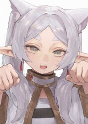 Rule 34 | 1girl, animal ears, aonh 412, capelet, cat ears, earrings, fangs, fingernails, frieren, green eyes, highres, jewelry, long hair, looking at viewer, open mouth, parted bangs, pointy ears, short eyebrows, sidelocks, simple background, solo, sousou no frieren, thick eyebrows, twintails, upper body, white background, white capelet, white hair
