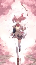 Rule 34 | 1girl, absurdres, bag, black skirt, bow, bowtie, brown footwear, cherry blossoms, chiroru (cheese-roll), clenched hand, closed eyes, commentary, day, dual persona, english commentary, facing viewer, falling petals, full body, hair ribbon, hand up, highres, jacket, juliet sleeves, kaname madoka, loafers, long sleeves, magical girl, mahou shoujo madoka magica, mahou shoujo madoka magica (anime), mitakihara school uniform, outdoors, petals, pink bow, pink bowtie, pink hair, plaid, plaid skirt, puffy sleeves, reflection, ribbon, running, school bag, school uniform, shoes, short hair, short twintails, skirt, smile, solo, straight-on, thighhighs, transformation, twintails, white thighhighs, yellow jacket