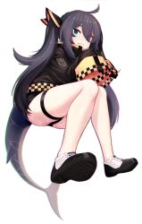 Rule 34 | 1girl, ahoge, black footwear, black hair, black jacket, black shorts, blue eyes, commentary request, dev (dev0614), eyes visible through hair, fins, fish tail, full body, hair ornament, hair over one eye, highres, jacket, long sleeves, looking at viewer, original, shark tail, sharp teeth, shoe soles, shoes, short shorts, shorts, simple background, sleeves past fingers, sleeves past wrists, solo, tail, teeth, thigh strap, transparent background, twintails, white background, wide sleeves
