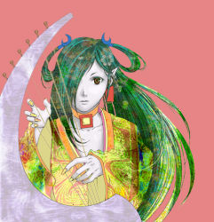 Rule 34 | 00s, 1girl, :o, gankutsuou, green eyes, hair over one eye, harp, haydee (gankutsuou), instrument, jewelry, long sleeves, lowres, music, nail polish, neck ring, necklace, parted lips, pendant, pink background, playing instrument, pointy ears, simple background, solo, yellow nails