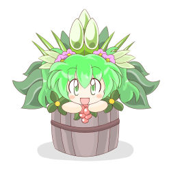 Rule 34 | 1girl, bamboo, blush, bucket, female focus, flower, food, fruit, grapes, green eyes, green hair, hair ornament, highres, in bucket, in container, kisume, leaf, matching hair/eyes, open mouth, plant, ruto5102, short hair, solo, touhou, twintails