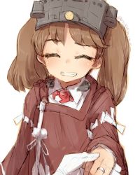 Rule 34 | 1girl, alchera, brown hair, commentary request, closed eyes, facing viewer, flat chest, grin, japanese clothes, jewelry, kantai collection, kariginu, magatama, one-hour drawing challenge, red shirt, ring, ryuujou (kancolle), shirt, simple background, smile, solo, twintails, upper body, visor cap, wedding band, white background, white shirt