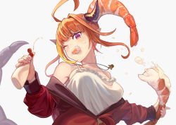Rule 34 | 1girl, ahoge, bare shoulders, blonde hair, blunt bangs, bottle, bow, breasts, camisole, collarbone, crustacean, diagonal-striped bow, dragon girl, dragon horns, dragon tail, eating, food, food in mouth, frilled camisole, frills, from below, hair as food, hair intakes, holding, holding bottle, holding food, hololive, horn bow, horn ornament, horns, jacket, jewelry, kiryu coco, kiryu coco (loungewear), large breasts, light blush, long sleeves, looking at viewer, mayonnaise, mayonnaise bottle, medium hair, multicolored eyes, multicolored hair, off shoulder, official alternate costume, one eye closed, open clothes, open jacket, orange hair, partially unzipped, pendant, pointy ears, purple eyes, red eyes, red jacket, sakumichi, shrimp, sidelocks, simple background, solo, squeeze bottle, squeezing, streaked hair, striped, striped bow, tail, track jacket, upper body, virtual youtuber, white background, white camisole, zipper pull tab
