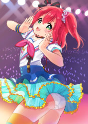 Rule 34 | 1girl, absurdres, ass, blush, dress, green eyes, hair ribbon, highres, kurosawa ruby, long hair, looking at viewer, love live!, love live! school idol festival, love live! sunshine!!, open mouth, panties, red hair, ribbon, scrunchie, shiorin1910, skirt, smile, solo, thighhighs, twintails, underwear