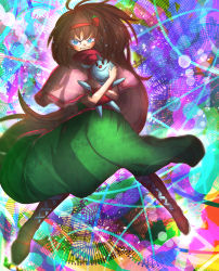 Rule 34 | 1girl, absurdres, blue eyes, blush, boots, brown footwear, brown hair, capelet, closed mouth, commentary request, cookie (touhou), dress, food-themed hair ornament, full body, green dress, hair ornament, hairband, highres, ichigo (cookie), long hair, looking at viewer, multicolored background, niwarhythm, pink capelet, red hairband, red sash, sash, solo, strawberry hair ornament, stuffed animal, stuffed rabbit, stuffed toy, very long hair, wavy mouth