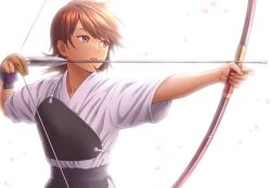 Rule 34 | 1girl, archery, archery shooting glove, arrow (projectile), bow (weapon), brown eyes, brown hair, closed mouth, commentary request, falling petals, gloves, hakama, hakama skirt, highres, holding, holding arrow, holding bow (weapon), holding weapon, japanese clothes, looking to the side, masatoshi 1219, muneate, nail polish, outstretched arm, partially fingerless gloves, partly fingerless gloves, persona, persona 3, persona 3 reload, petals, pink nails, short hair, simple background, single glove, skirt, solo, swept bangs, takeba yukari, upper body, weapon, white background, yugake