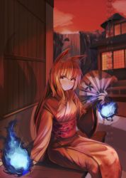 Rule 34 | 1girl, animal ears, artist request, blue fire, blush, commentary request, evening, fire, floral print, fox ears, fox girl, hand fan, highres, holding, holding fan, japanese clothes, kimono, long hair, long sleeves, looking at viewer, obi, orange sky, original, paper fan, red eyes, red hair, sash, sitting, sky, solo, water, waterfall, wide sleeves, yukata
