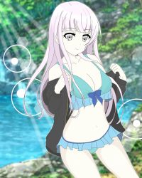 Rule 34 | 1girl, ains, ass, bare shoulders, bikini, blue bikini, breasts, cleavage, closed mouth, collarbone, d4dj, grey eyes, highres, izumo saki, large breasts, lens flare, light rays, long hair, looking at viewer, navel, outdoors, pale skin, river, silver hair, smile, solo, standing, swimsuit, undressing