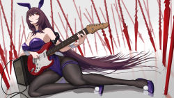 Rule 34 | 1girl, amplifier, animal ears, bare shoulders, blush, breasts, cable, cleavage, detached collar, electric guitar, fake animal ears, fate/grand order, fate (series), fishnet pantyhose, fishnets, gae bolg (fate), guitar, hair between eyes, high heels, highleg, highleg leotard, highres, instrument, kamo ashi, large breasts, leotard, long hair, looking at viewer, official alternate costume, pantyhose, playboy bunny, polearm, purple hair, purple leotard, rabbit ears, red eyes, scathach (fate), scathach (piercing bunny) (fate), solo, spear, weapon, wrist cuffs