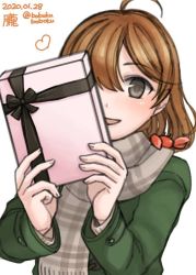 Rule 34 | 1girl, ahoge, alternate costume, bobokuboboku, box, brown eyes, brown hair, brown scarf, character name, coat, commentary request, dated, gift, gift box, green coat, kantai collection, looking at viewer, oboro (kancolle), one-hour drawing challenge, plaid, plaid scarf, scarf, short hair, smile, solo, twitter username