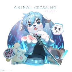 Rule 34 | &gt; &lt;, 1girl, 2boys, animal crossing, animal hands, blue eyes, blue hair, body fur, cheering, dog, fangs, furry, gloves, glowstick, hand fan, headband, heart, heart in mouth, holding, holding microphone, isabelle (animal crossing), k.k. slider (animal crossing), microphone, microphone stand, multiple boys, music, nintendo, open mouth, paper fan, paw gloves, ryota (ry o ta), singing, tanuki, tearing up, tom nook (animal crossing), uchiwa, vest, vintage microphone, white gloves
