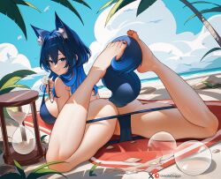 Rule 34 | 1girl, animal ears, ass, barefoot, beach, beach towel, bikini, bird, blue hair, breasts, broken glass, butt crack, cloud, cloudy sky, condom, condom wrapper, dog ears, dog tail, feet, glass, greatodoggo, hair intakes, highres, hololive, hololive english, horizon, hourglass, large breasts, long hair, looking at viewer, lying, ocean, on stomach, ouro kronii, outdoors, palm tree, sky, smile, solo, swimsuit, tail, thighs, towel, tree, virtual youtuber