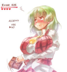 Rule 34 | 1girl, breasts, chocolate, choice, female focus, green hair, hard-translated, huge breasts, kazami yuuka, lowres, red eyes, sachito, short hair, skirt, solo, third-party edit, touhou, translated, valentine, white background