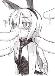 Rule 34 | 1girl, ?, animal ears, bare shoulders, blush, cream, detached collar, fake animal ears, heinrike prinzessin zu sayn-wittgenstein, long hair, monochrome, necktie, noble witches, null (nyanpyoun), penis, rabbit ears, sexually suggestive, simple background, sketch, strike witches, tongue, white background, world witches series