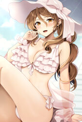 Rule 34 | 1girl, bikini, blush, breasts, brown eyes, brown hair, cleavage, commentary request, frilled bikini, frills, front-tie bikini top, front-tie top, hair between eyes, hat, highres, kantai collection, large breasts, littorio (kancolle), looking at viewer, navel, outdoors, pink bikini, ponytail, scrunchie, side-tie bikini bottom, smile, solo, sun hat, swimsuit, upper body, wrist scrunchie, yunamaro