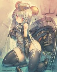 Rule 34 | 1girl, animal ears, animal hands, between thighs, black gloves, black thighhighs, cable, cable tail, dress, elbow gloves, gloves, hand on own chest, hat, hip focus, long hair, majoca majoluna, mechanical tail, mouse ears, parted lips, paw gloves, red eyes, short dress, silver hair, sitting, solo, tail, tattoo, thighhighs, thighs, very long hair, watermark, whoopin, yokozuwari