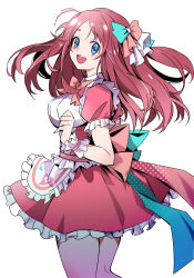 Rule 34 | 1girl, apron, back bow, blue eyes, bow, bowtie, collared dress, cowboy shot, da huang, dress, frilled apron, frilled cuffs, frilled dress, frilled sleeves, frills, from side, green bow, hair bow, long hair, looking at viewer, minamoto sakura, open mouth, pink bow, puffy short sleeves, puffy sleeves, red bow, red bowtie, red dress, red hair, short dress, short sleeves, simple background, smile, solo, standing, swept bangs, waist apron, white apron, white background, zombie land saga