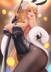 Rule 34 | 1girl, :d, absurdres, animal ear headwear, animal ears, ass, bare shoulders, black gloves, black leotard, blonde hair, bow, bowtie, breasts, brown pantyhose, cleavage, coin, covered navel, detached collar, fake animal ears, fang, feather boa, gloves, goddess of victory: nikke, green eyes, hair intakes, hair ornament, highleg, highleg leotard, highres, holding, holding pole, large breasts, leotard, light blush, long hair, mint cat (a huu), official alternate costume, open mouth, pantyhose, playboy bunny, pole, ponytail, rabbit ears, rupee (nikke), rupee (rabbit deluxe) (nikke), sideboob, sidelocks, smile, solo, strapless, strapless leotard, stripper pole, thighs, very long hair, wrist cuffs, yellow bow, yellow bowtie