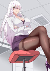Rule 34 | 1girl, black bra, bra, breasts, brown pantyhose, chair, character request, collared shirt, cross, crossed arms, crossed legs, dress shirt, facial mark, from below, glasses, gradient hair, hair between eyes, heterochromia, high heels, highres, large breasts, legs, long hair, long sleeves, looking at viewer, miniskirt, mole, mole on breast, mole under mouth, multicolored hair, nail polish, office lady, open clothes, open shirt, original, pantyhose, pencil skirt, pink nails, purple-framed eyewear, purple eyes, purple hair, purple skirt, semi-rimless eyewear, shirt, shoes, sitting, skirt, smile, solo, streaked hair, thighband pantyhose, thighs, tiankong pie ai, unbuttoned, unbuttoned shirt, under-rim eyewear, underwear, very long hair, white hair, white shirt, yellow eyes