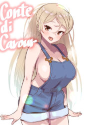 Rule 34 | 1girl, asava (hutaitenn), blonde hair, blue overalls, blush, breasts, brown eyes, character name, cleavage, collarbone, conte di cavour (kancolle), cowboy shot, highres, kantai collection, large breasts, long hair, naked overalls, open mouth, overalls, sideboob, simple background, smile, solo, white background